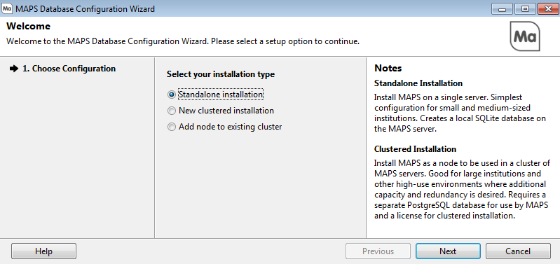 MAPS Database Configuration Wizard prompting you to select a standalone installation, new clustered installation, or to add a node to an existing cluster.